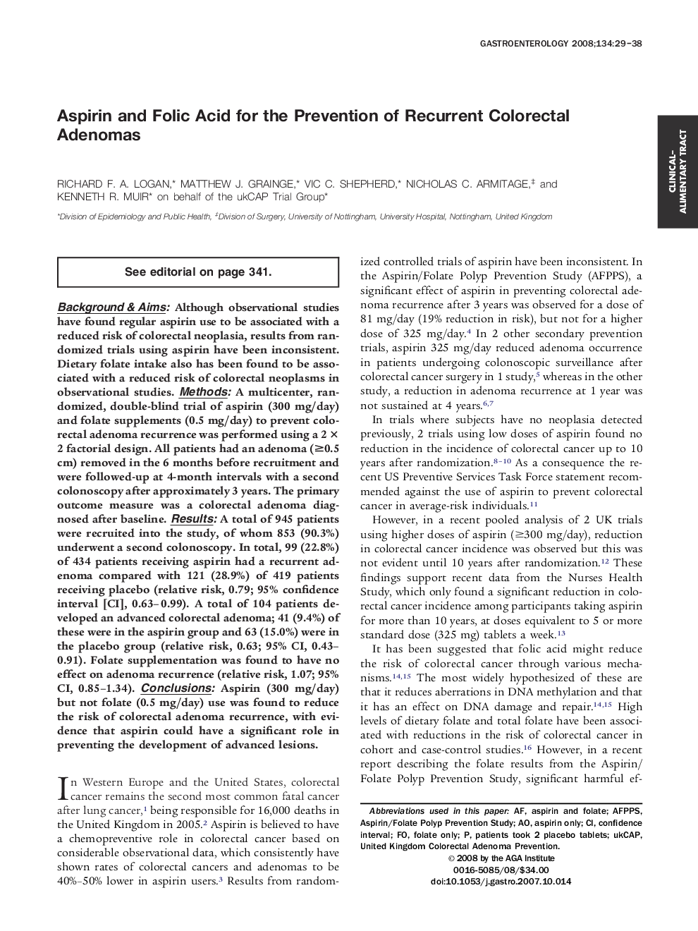 Aspirin and Folic Acid for the Prevention of Recurrent Colorectal Adenomas 