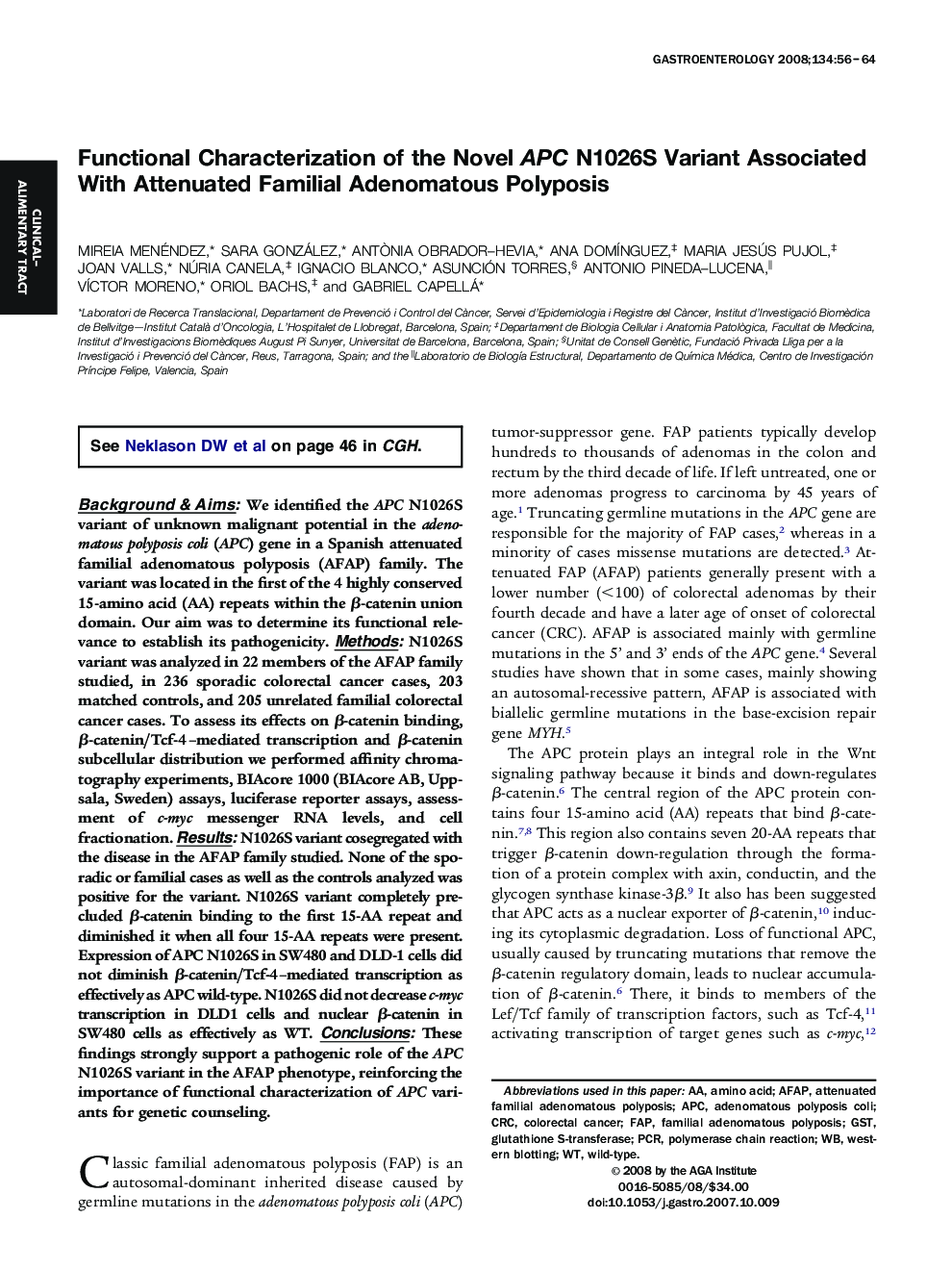 Functional Characterization of the Novel APC N1026S Variant Associated With Attenuated Familial Adenomatous Polyposis 