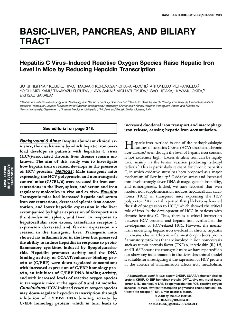 Hepatitis C Virus–Induced Reactive Oxygen Species Raise Hepatic Iron Level in Mice by Reducing Hepcidin Transcription 