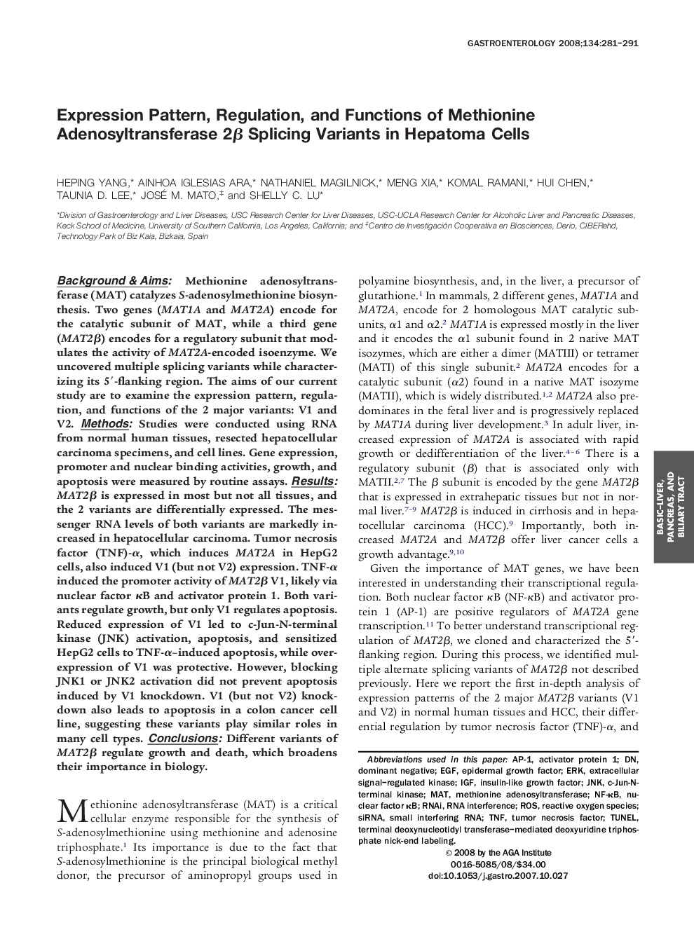 Expression Pattern, Regulation, and Functions of Methionine Adenosyltransferase 2β Splicing Variants in Hepatoma Cells 