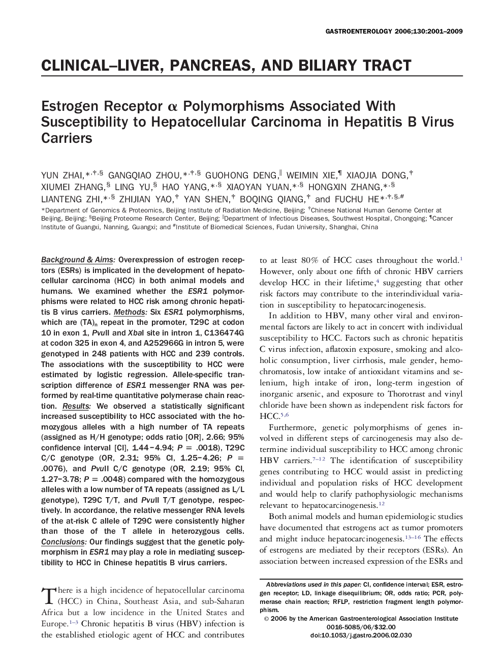 Estrogen Receptor α Polymorphisms Associated With Susceptibility to Hepatocellular Carcinoma in Hepatitis B Virus Carriers 
