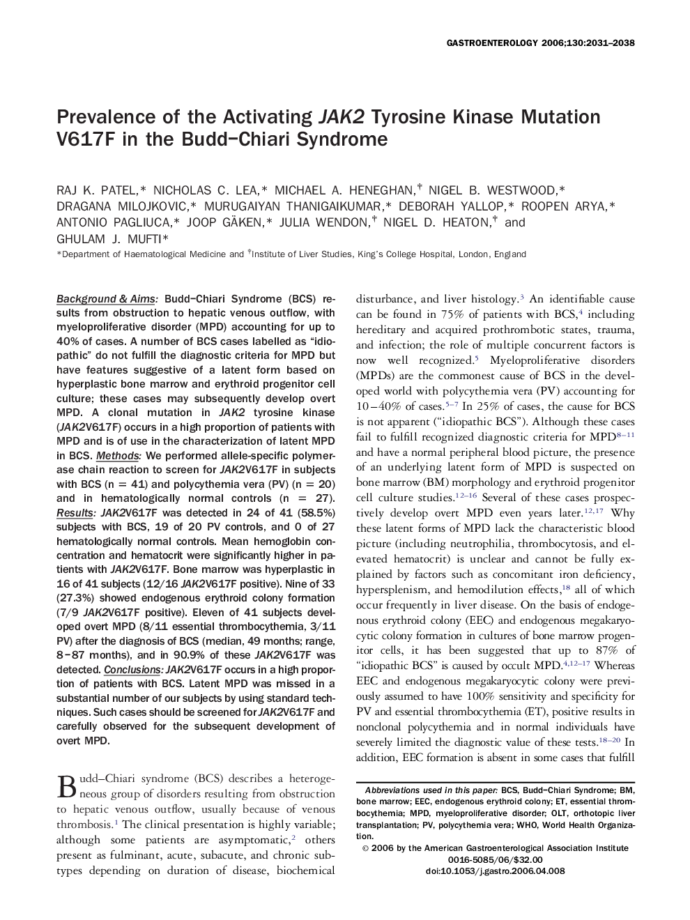 Prevalence of the Activating JAK2 Tyrosine Kinase Mutation V617F in the Budd–Chiari Syndrome