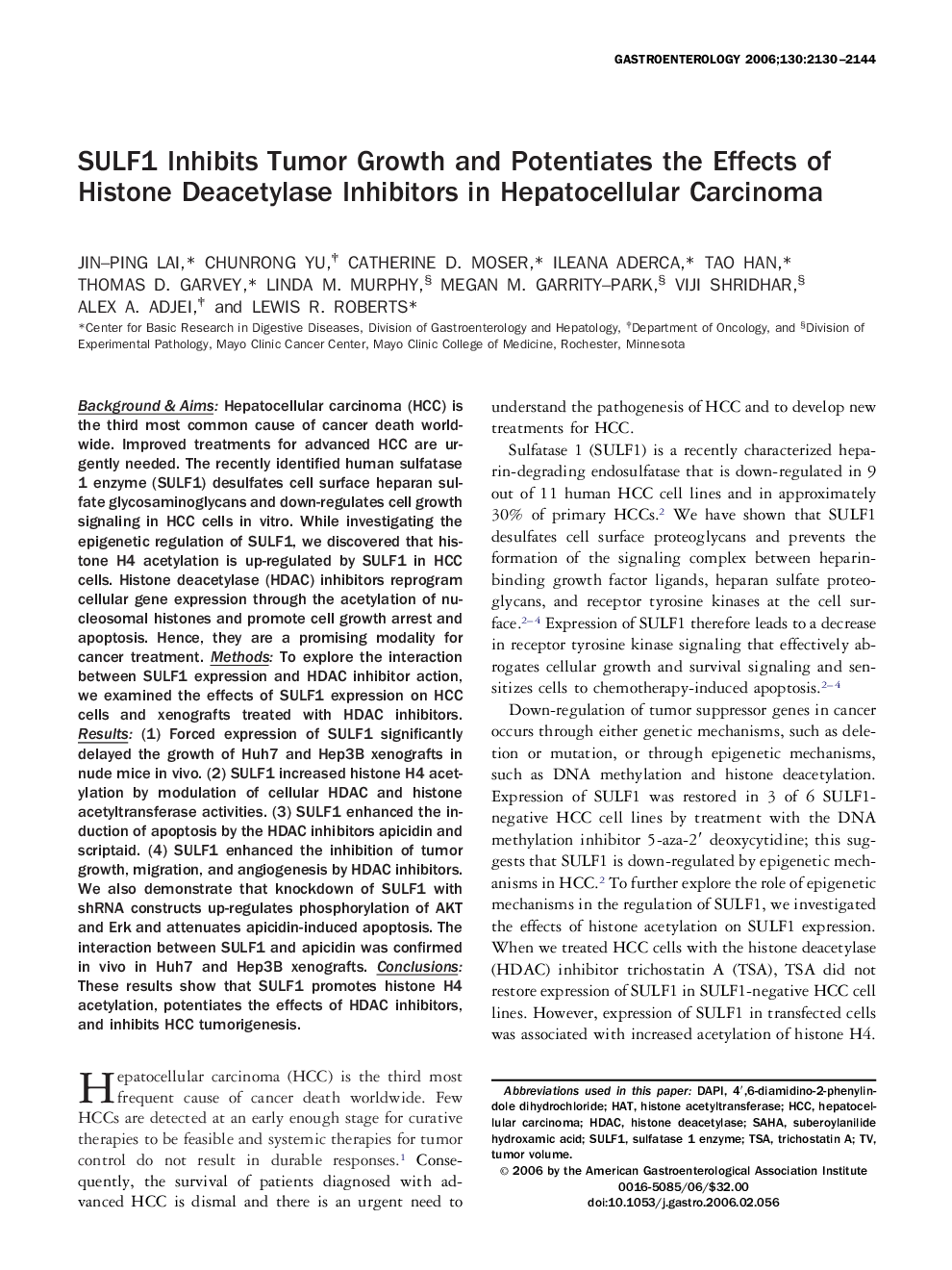 SULF1 Inhibits Tumor Growth and Potentiates the Effects of Histone Deacetylase Inhibitors in Hepatocellular Carcinoma 