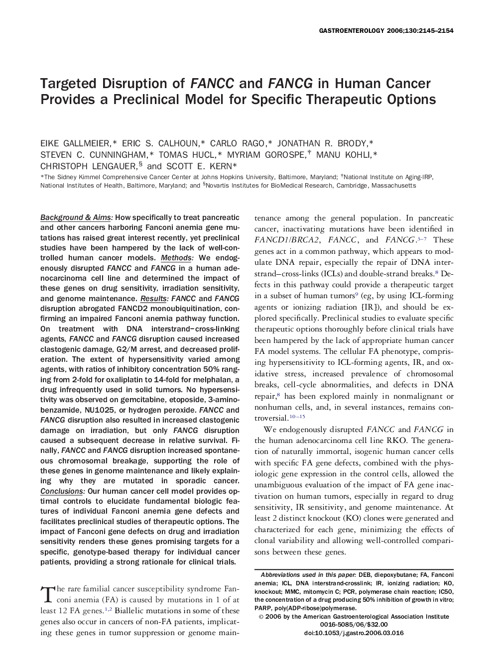 Targeted Disruption of FANCC and FANCG in Human Cancer Provides a Preclinical Model for Specific Therapeutic Options