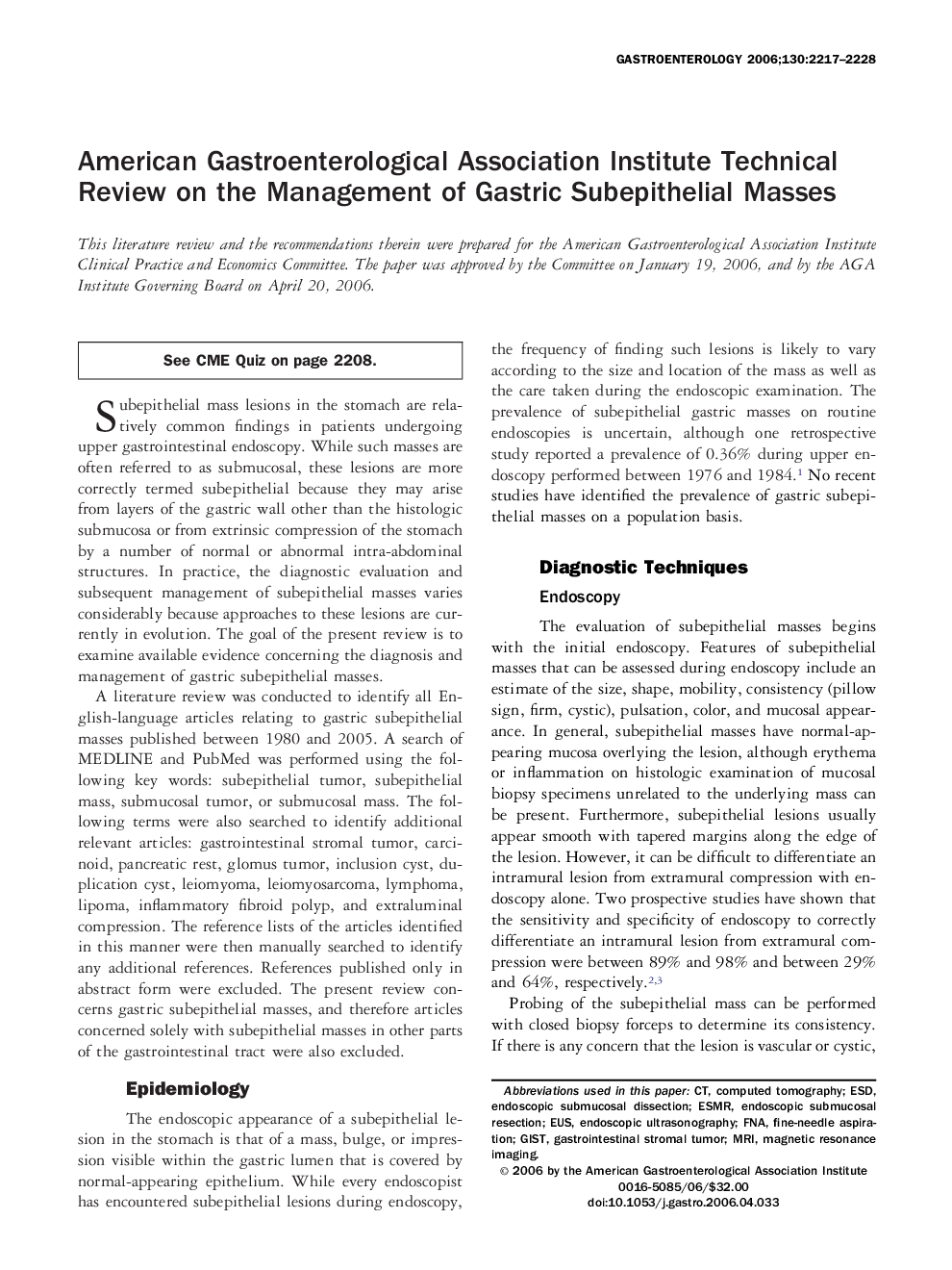 American Gastroenterological Association Institute Technical Review on the Management of Gastric Subepithelial Masses