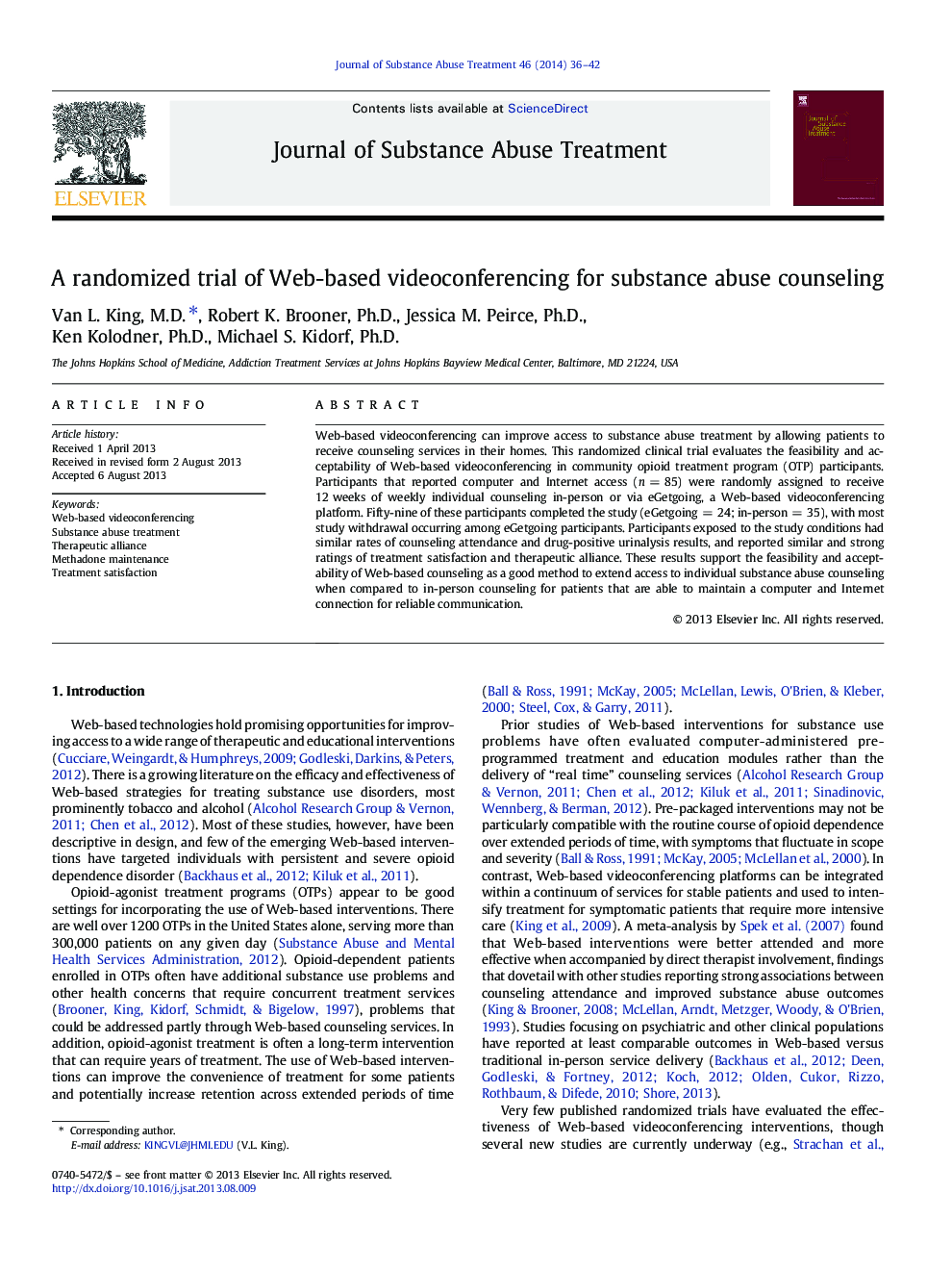 A randomized trial of Web-based videoconferencing for substance abuse counseling