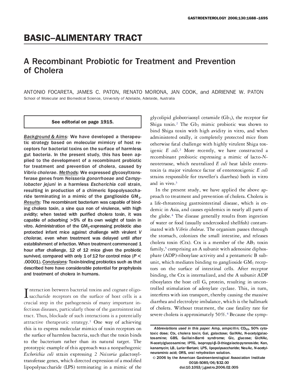 A Recombinant Probiotic for Treatment and Prevention of Cholera 