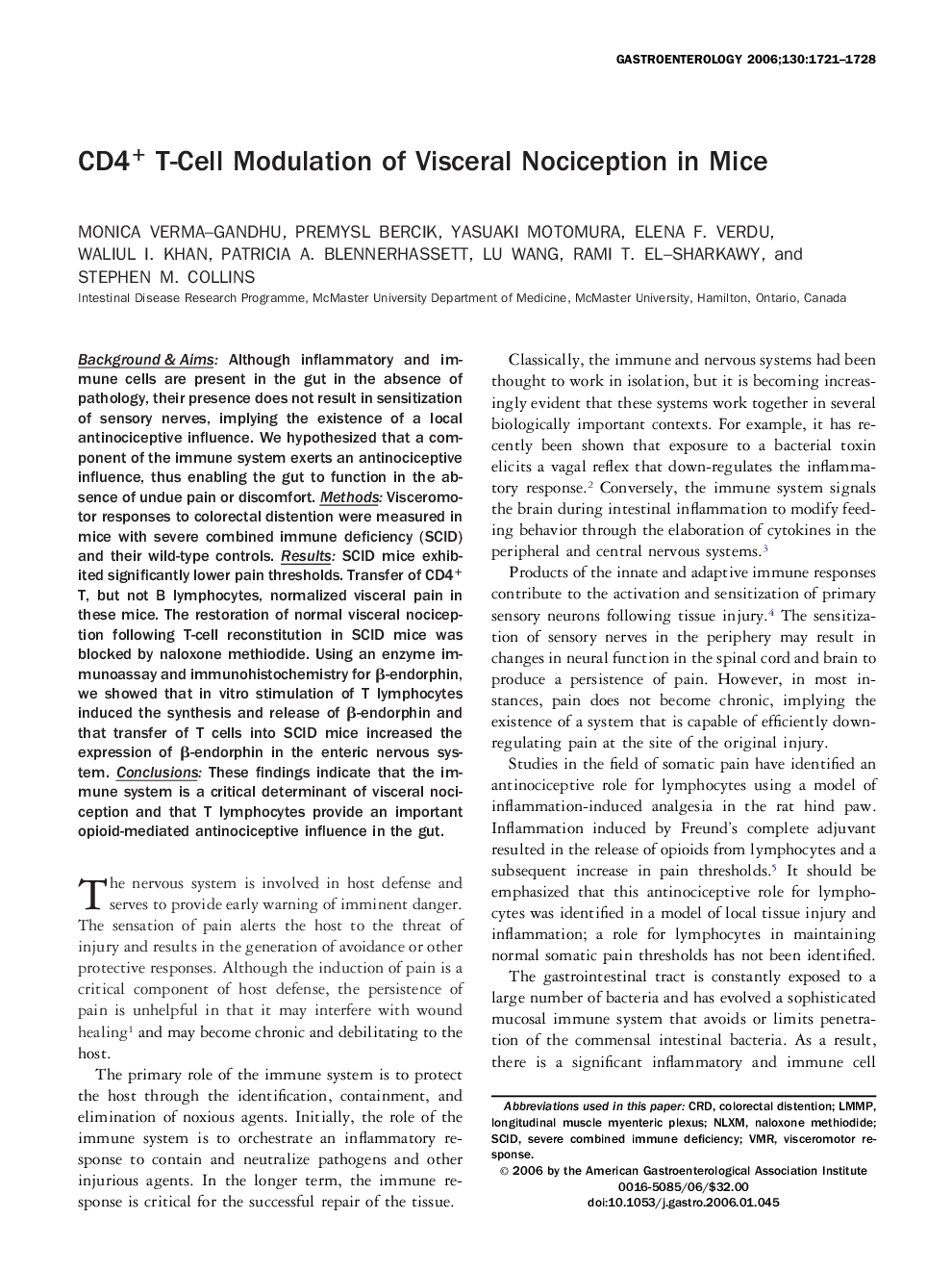 CD4+ T-Cell Modulation of Visceral Nociception in Mice