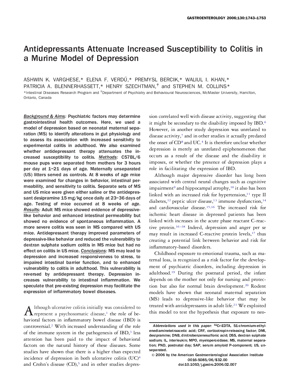 Antidepressants Attenuate Increased Susceptibility to Colitis in a Murine Model of Depression