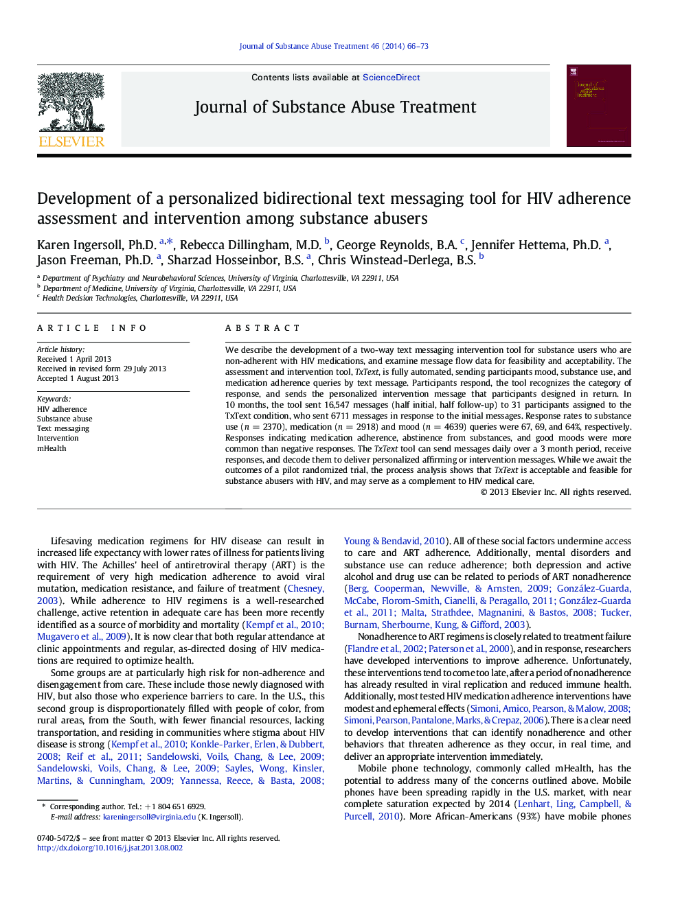 Development of a personalized bidirectional text messaging tool for HIV adherence assessment and intervention among substance abusers