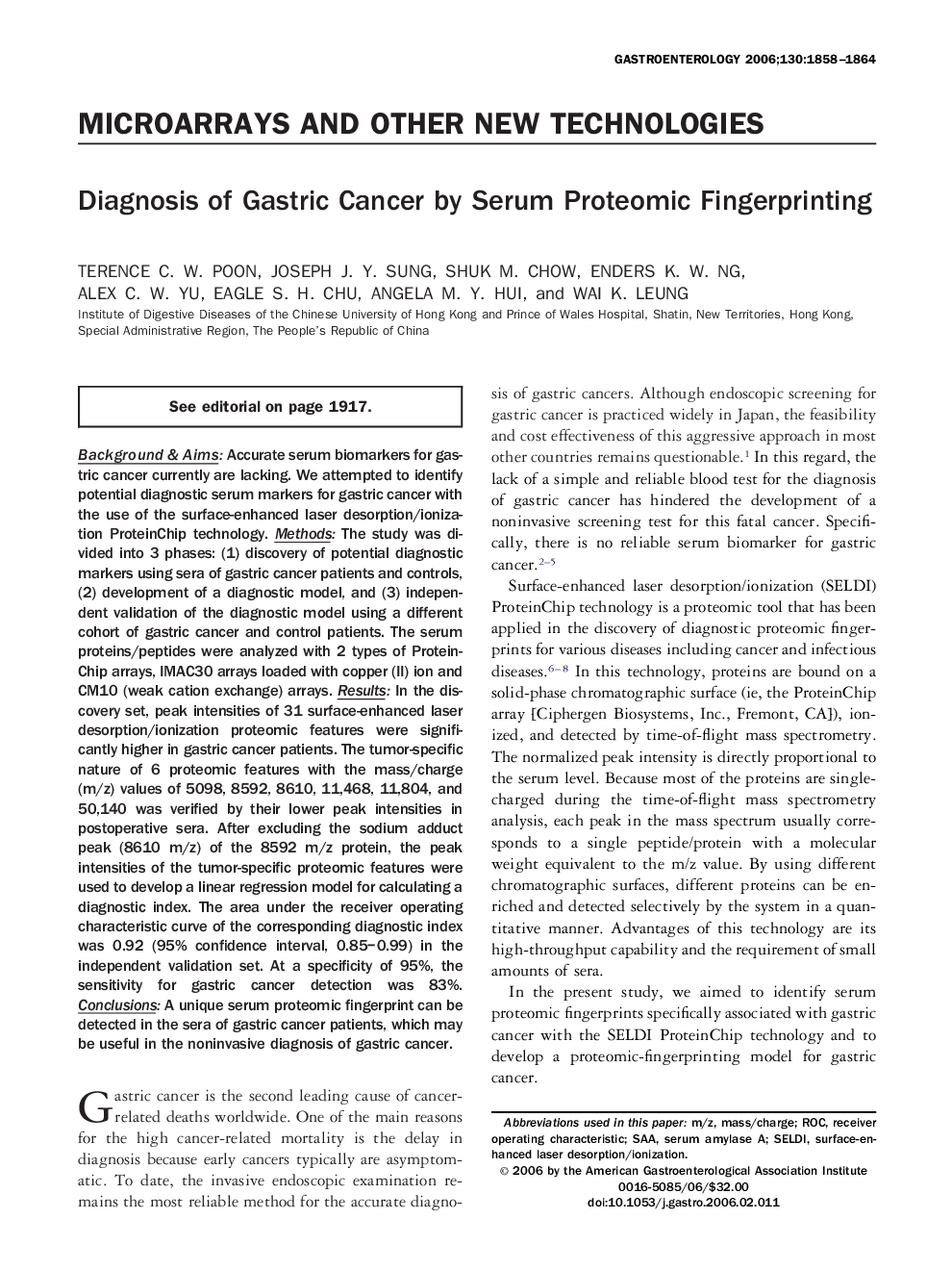 Diagnosis of Gastric Cancer by Serum Proteomic Fingerprinting