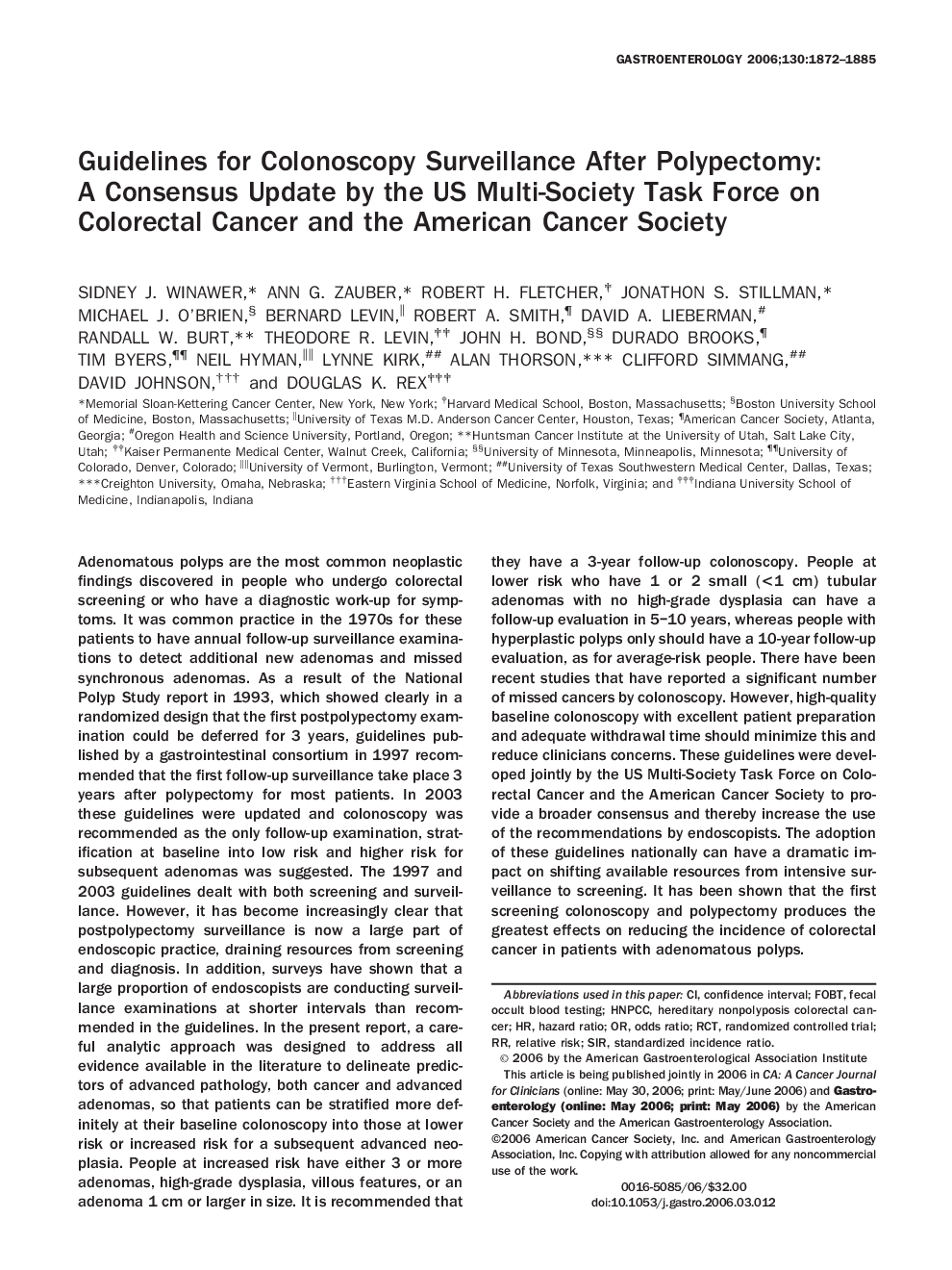 Guidelines for Colonoscopy Surveillance After Polypectomy: A Consensus Update by the US Multi-Society Task Force on Colorectal Cancer and the American Cancer Society 