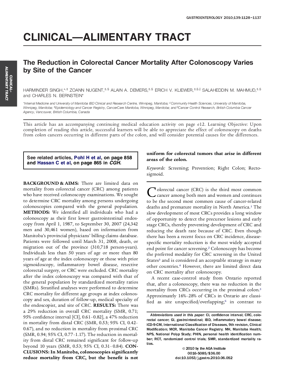 The Reduction in Colorectal Cancer Mortality After Colonoscopy Varies by Site of the Cancer 