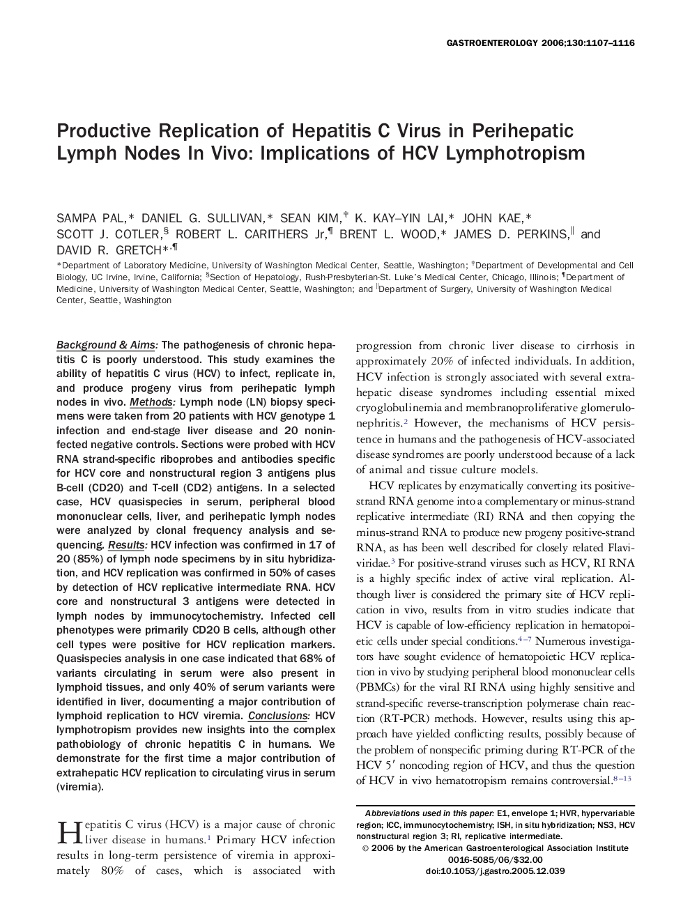 Productive Replication of Hepatitis C Virus in Perihepatic Lymph Nodes In Vivo: Implications of HCV Lymphotropism