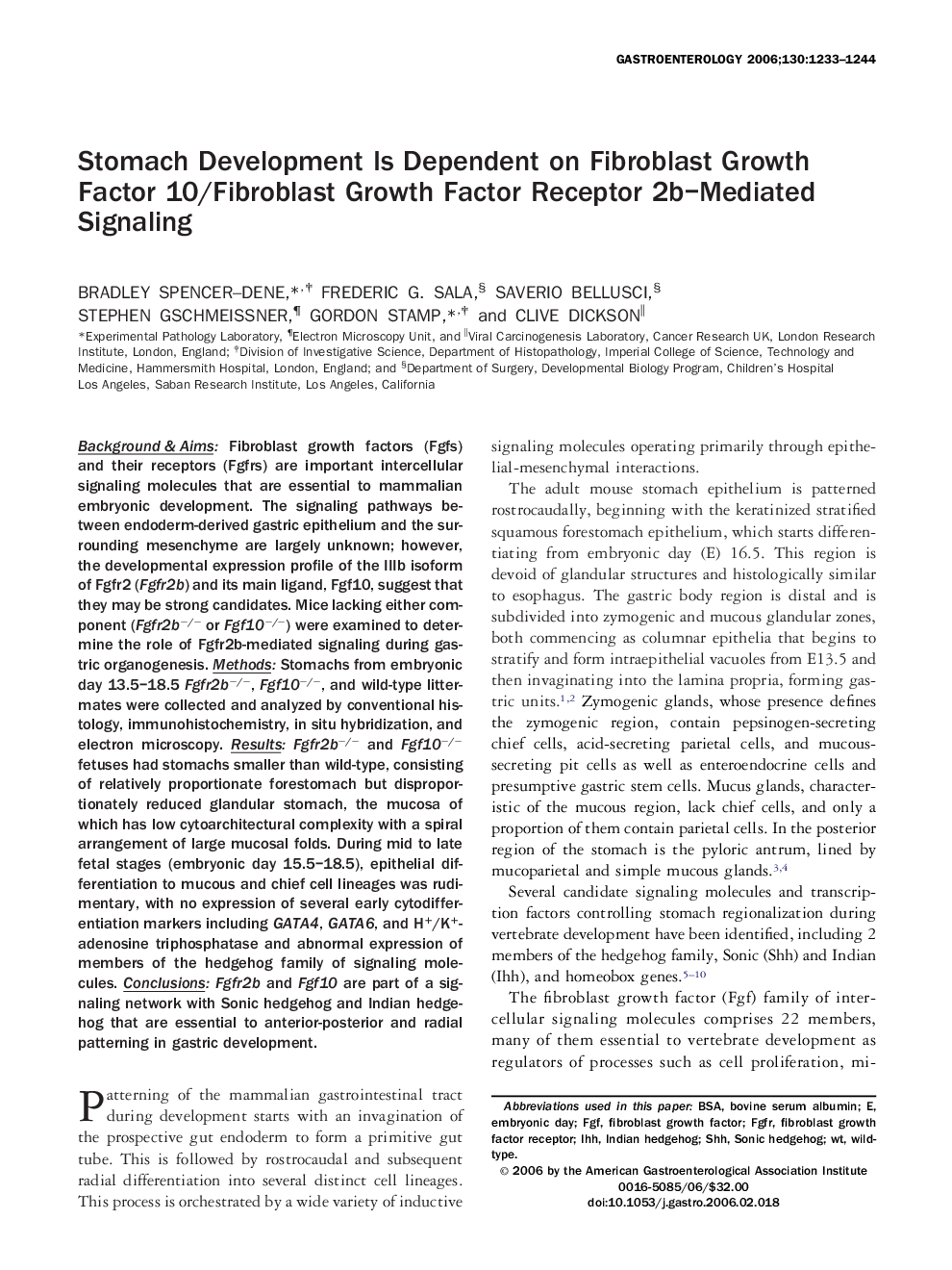 Stomach Development Is Dependent on Fibroblast Growth Factor 10/Fibroblast Growth Factor Receptor 2b–Mediated Signaling 