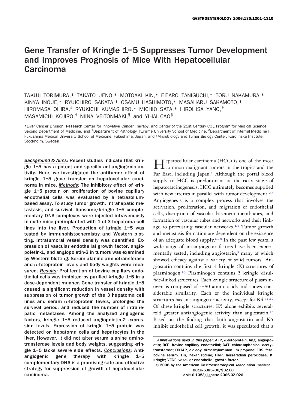 Gene Transfer of Kringle 1-5 Suppresses Tumor Development and Improves Prognosis of Mice With Hepatocellular Carcinoma