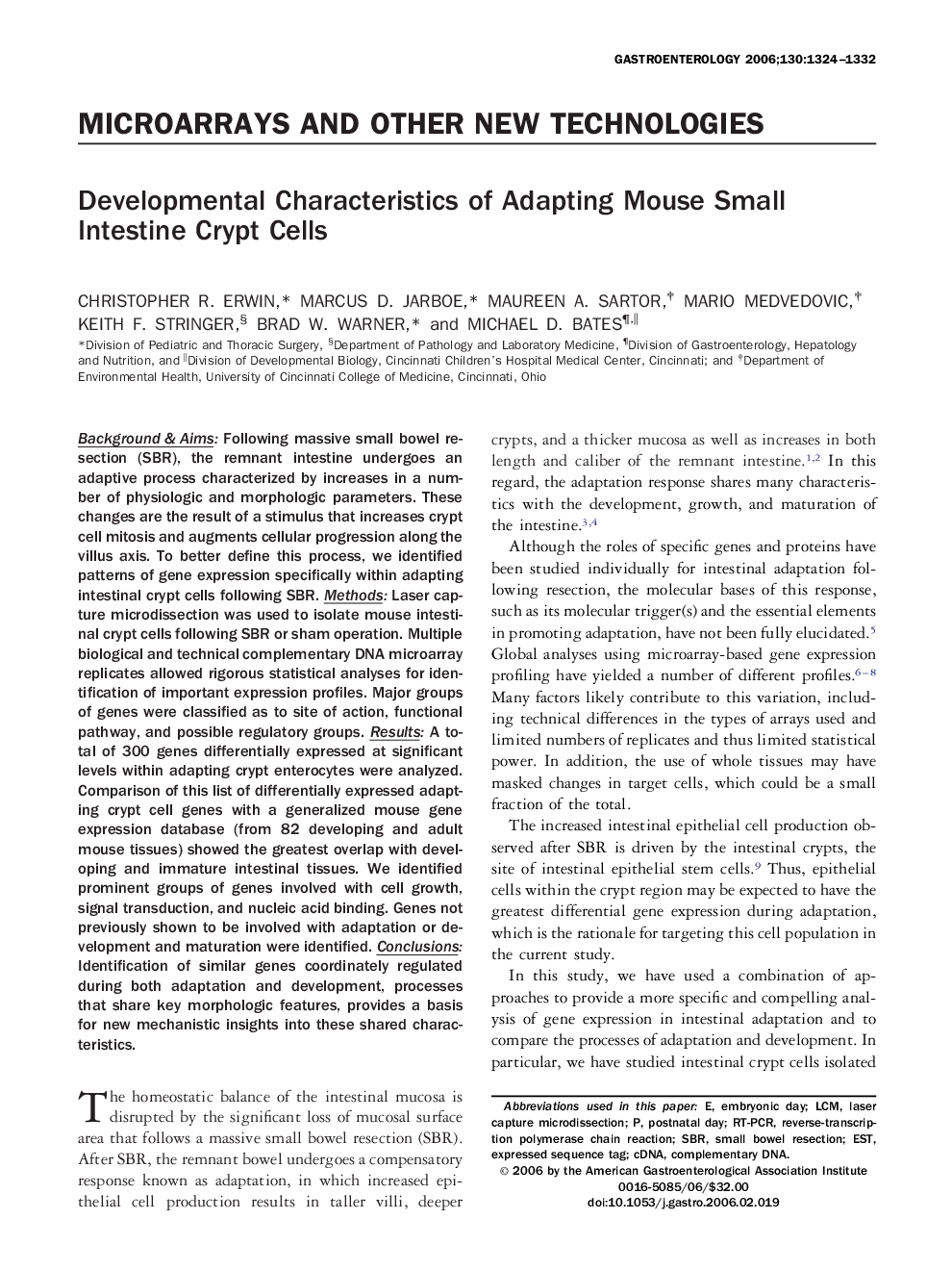 Developmental Characteristics of Adapting Mouse Small Intestine Crypt Cells