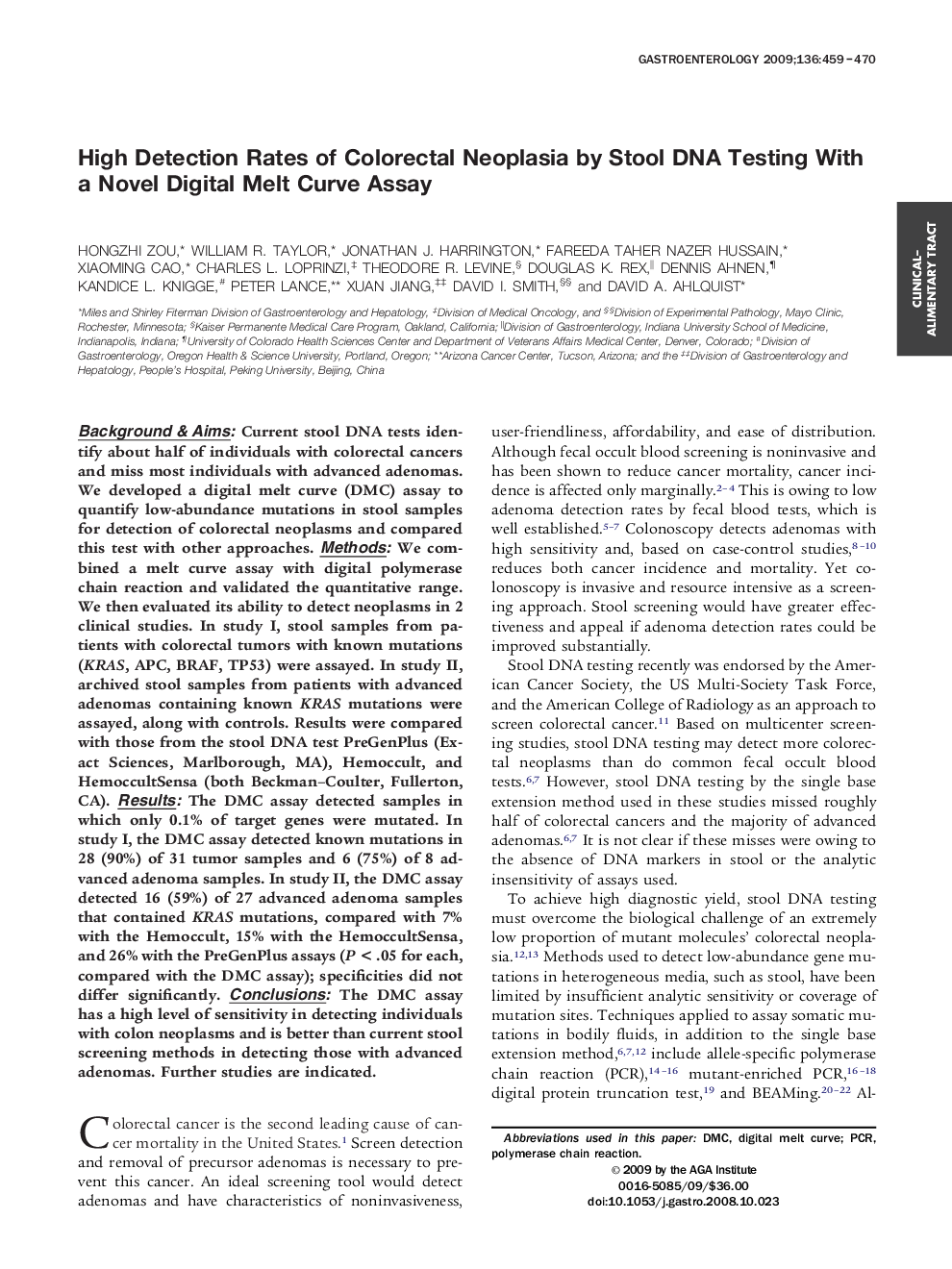 High Detection Rates of Colorectal Neoplasia by Stool DNA Testing With a Novel Digital Melt Curve Assay