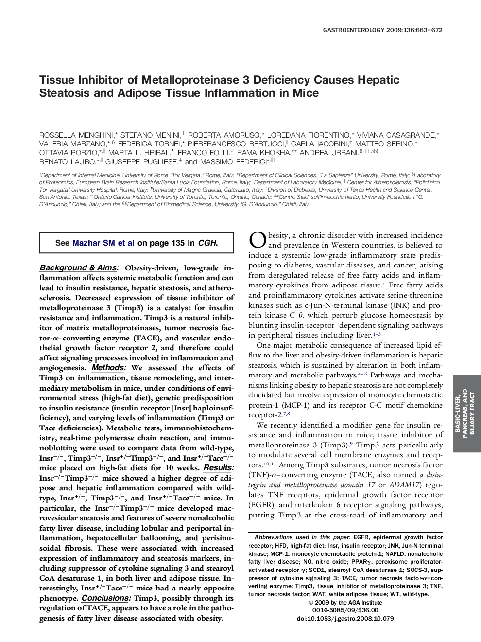 Tissue Inhibitor of Metalloproteinase 3 Deficiency Causes Hepatic Steatosis and Adipose Tissue Inflammation in Mice