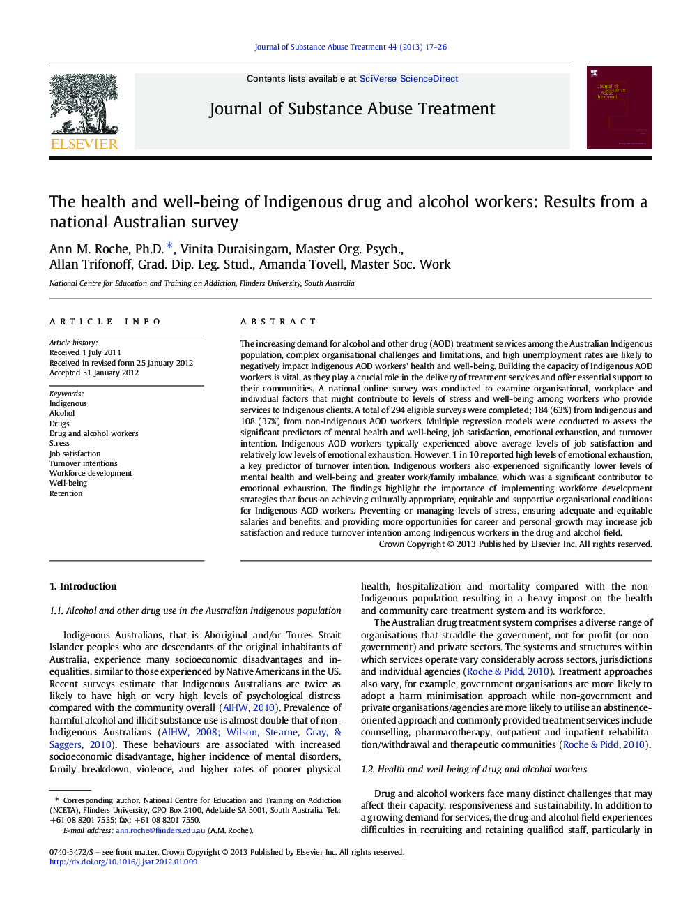 The health and well-being of Indigenous drug and alcohol workers: Results from a national Australian survey