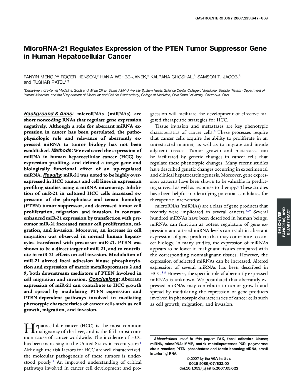 MicroRNA-21 Regulates Expression of the PTEN Tumor Suppressor Gene in Human Hepatocellular Cancer 