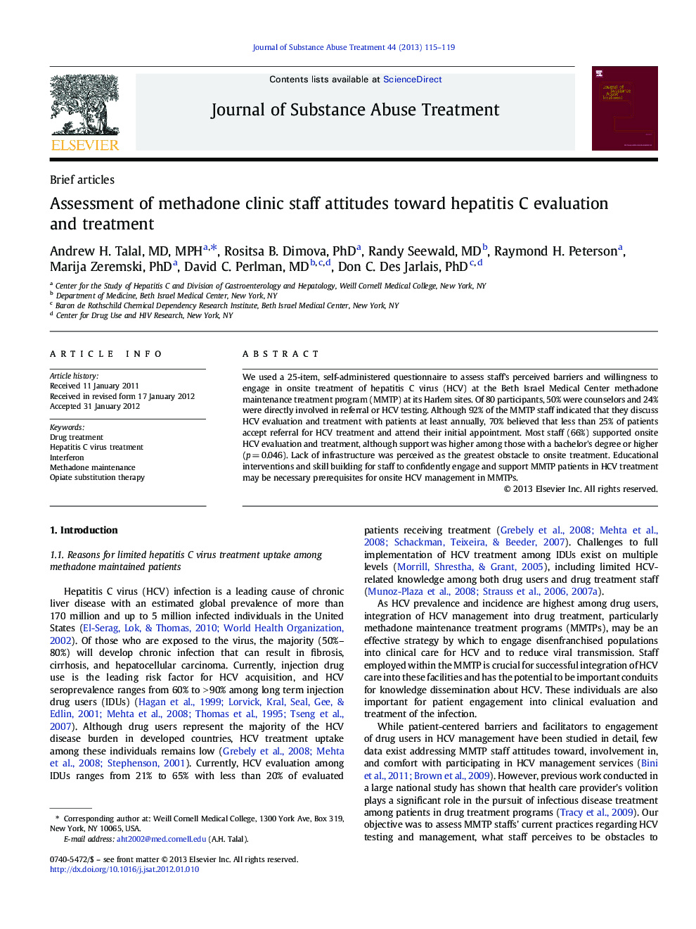 Assessment of methadone clinic staff attitudes toward hepatitis C evaluation and treatment