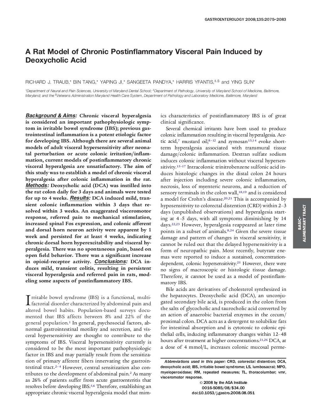 A Rat Model of Chronic Postinflammatory Visceral Pain Induced by Deoxycholic Acid