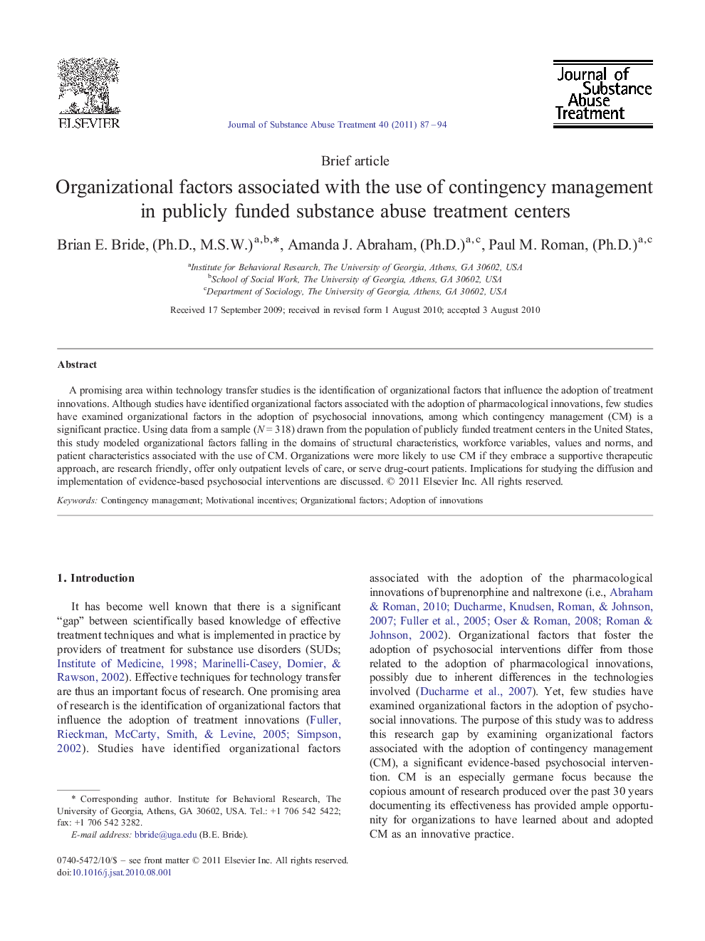 Organizational factors associated with the use of contingency management in publicly funded substance abuse treatment centers