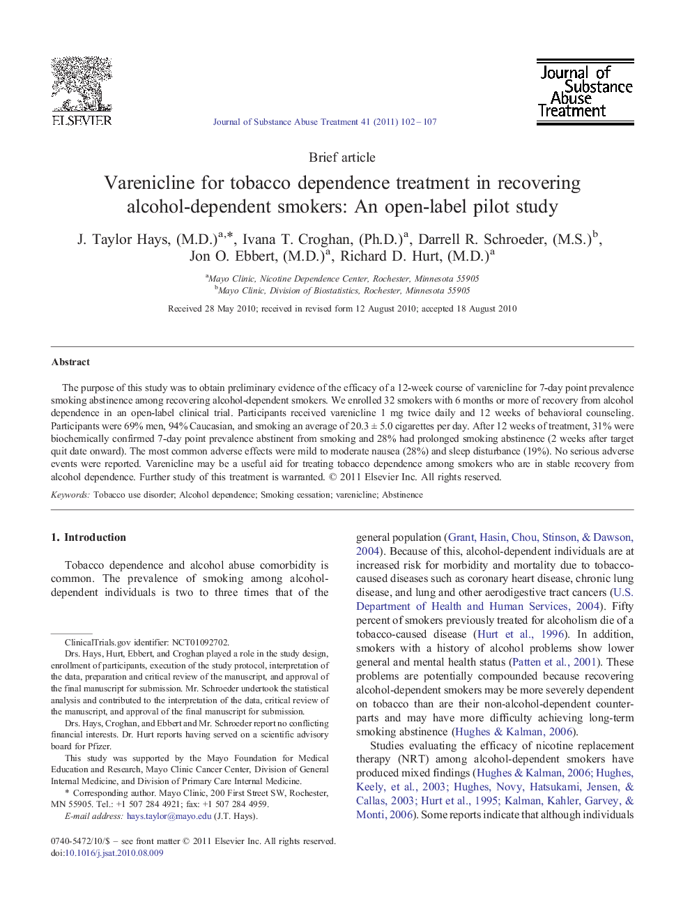 Varenicline for tobacco dependence treatment in recovering alcohol-dependent smokers: An open-label pilot study 