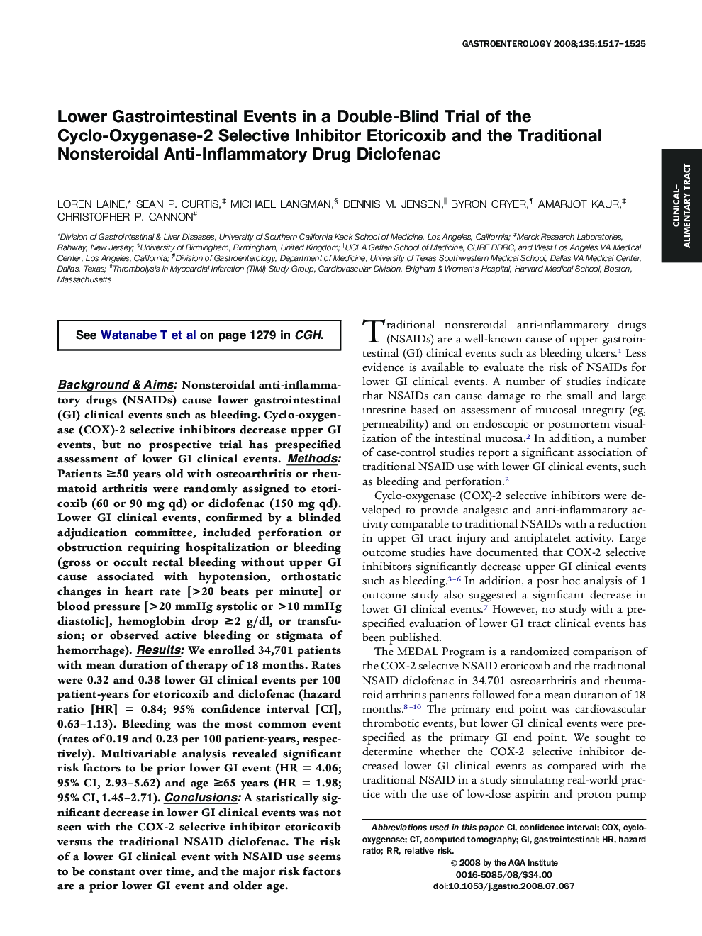 Lower Gastrointestinal Events in a Double-Blind Trial of the Cyclo-Oxygenase-2 Selective Inhibitor Etoricoxib and the Traditional Nonsteroidal Anti-Inflammatory Drug Diclofenac 