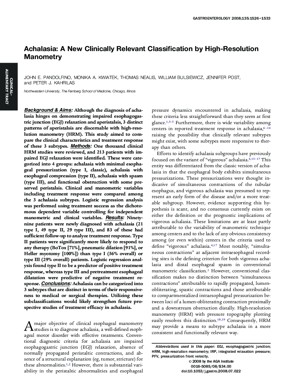 Achalasia: A New Clinically Relevant Classification by High-Resolution Manometry 