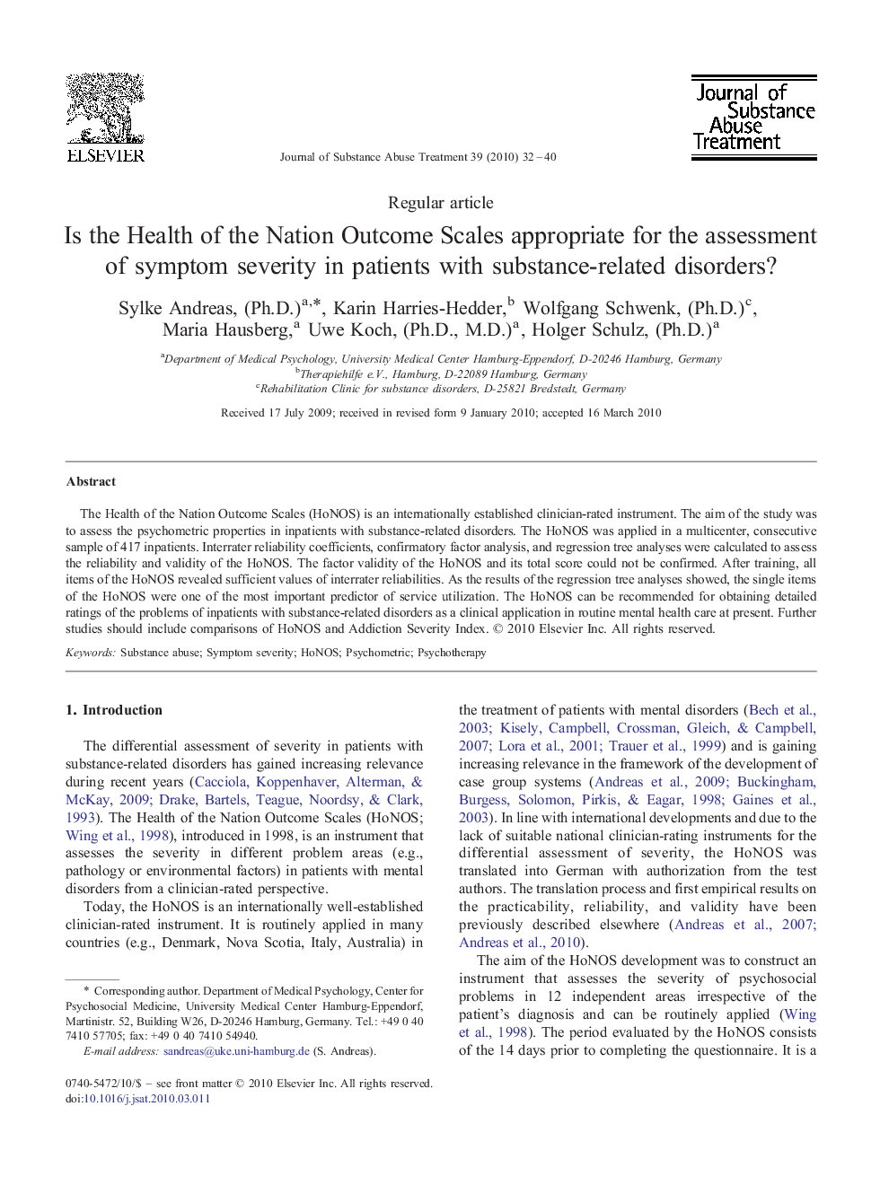 Is the Health of the Nation Outcome Scales appropriate for the assessment of symptom severity in patients with substance-related disorders?