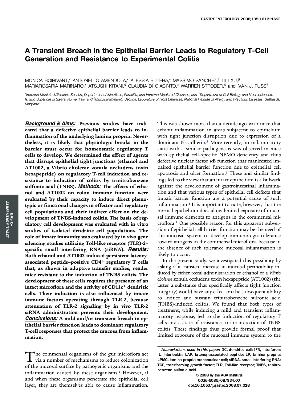 A Transient Breach in the Epithelial Barrier Leads to Regulatory T-Cell Generation and Resistance to Experimental Colitis