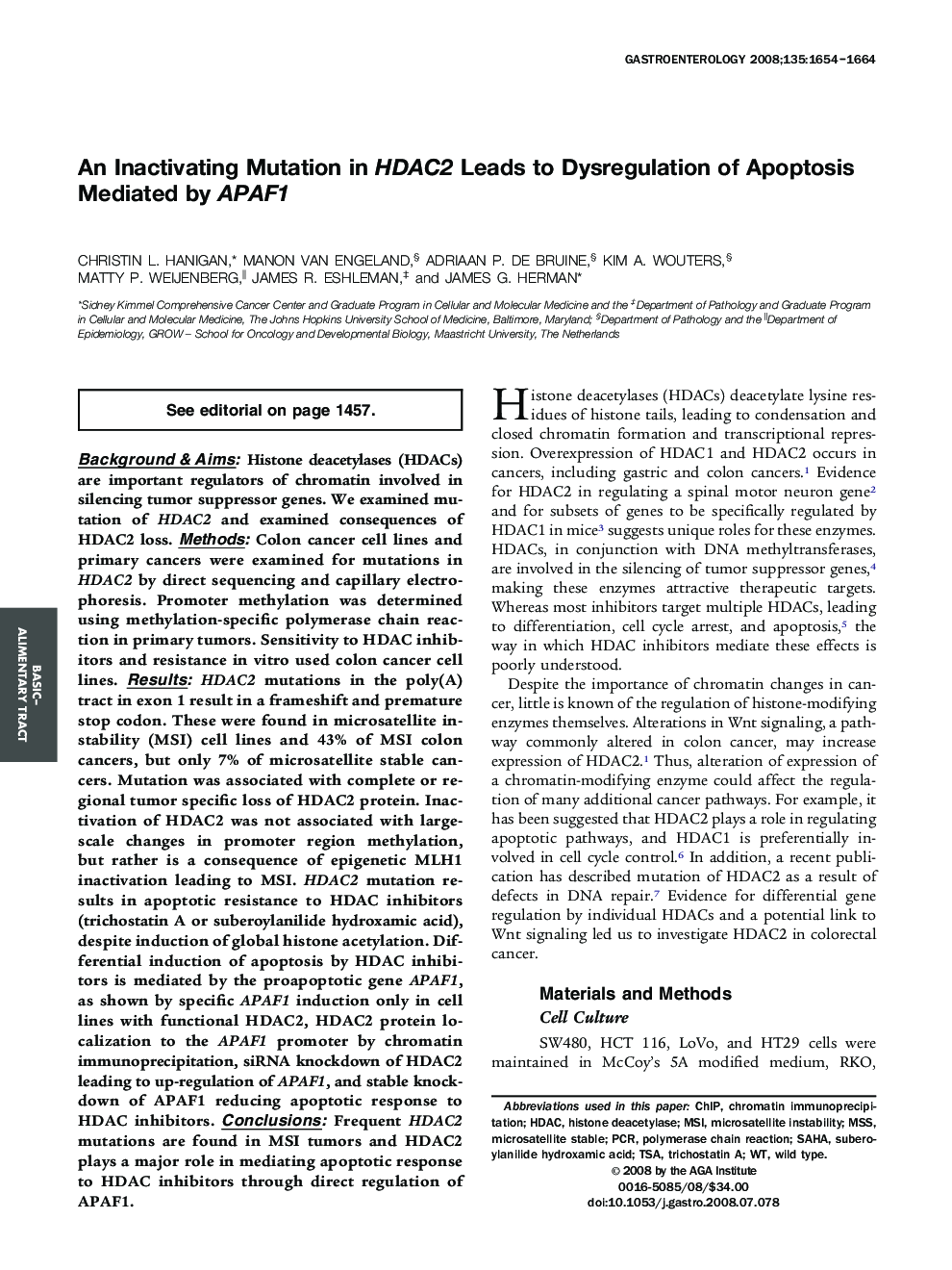 An Inactivating Mutation in HDAC2 Leads to Dysregulation of Apoptosis Mediated by APAF1