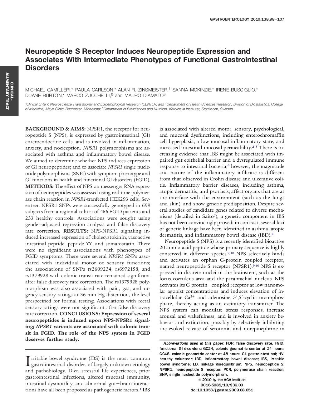 Neuropeptide S Receptor Induces Neuropeptide Expression and Associates With Intermediate Phenotypes of Functional Gastrointestinal Disorders