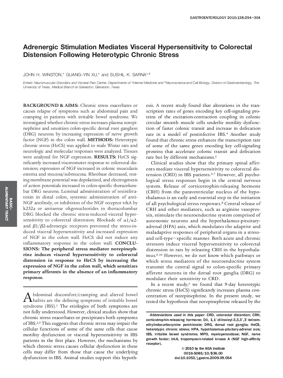 Adrenergic Stimulation Mediates Visceral Hypersensitivity to Colorectal Distension Following Heterotypic Chronic Stress