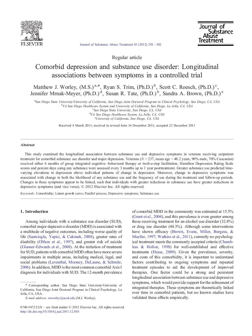 Comorbid depression and substance use disorder: Longitudinal associations between symptoms in a controlled trial