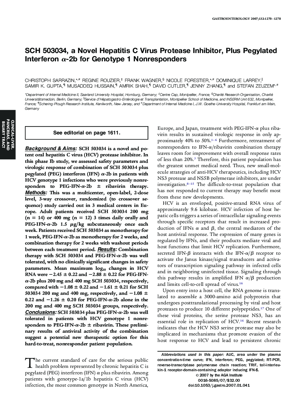 SCH 503034, a Novel Hepatitis C Virus Protease Inhibitor, Plus Pegylated Interferon α-2b for Genotype 1 Nonresponders 