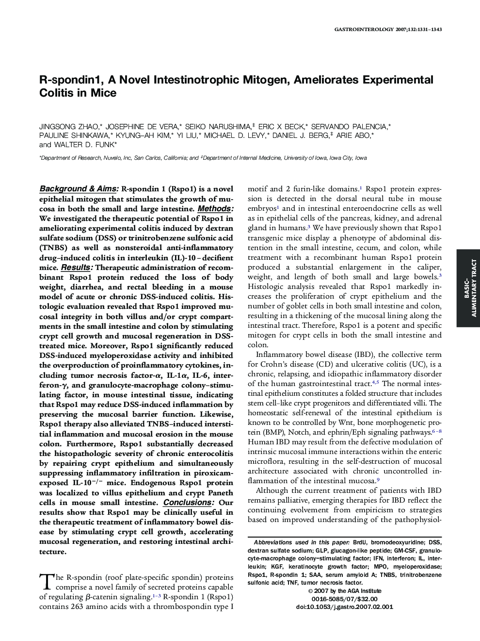 R-spondin1, A Novel Intestinotrophic Mitogen, Ameliorates Experimental Colitis in Mice