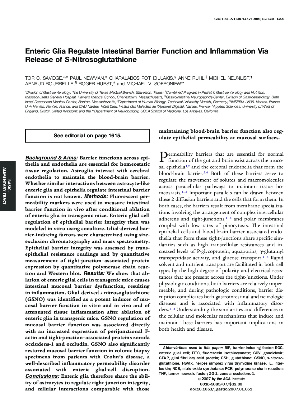Enteric Glia Regulate Intestinal Barrier Function and Inflammation Via Release of S-Nitrosoglutathione 
