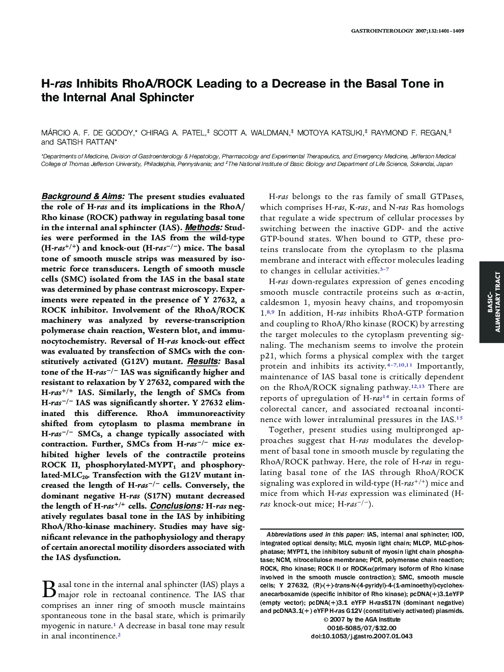 H-ras Inhibits RhoA/ROCK Leading to a Decrease in the Basal Tone in the Internal Anal Sphincter 