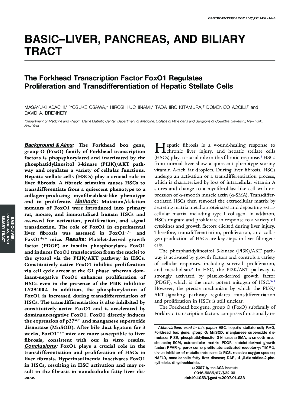 The Forkhead Transcription Factor FoxO1 Regulates Proliferation and Transdifferentiation of Hepatic Stellate Cells 