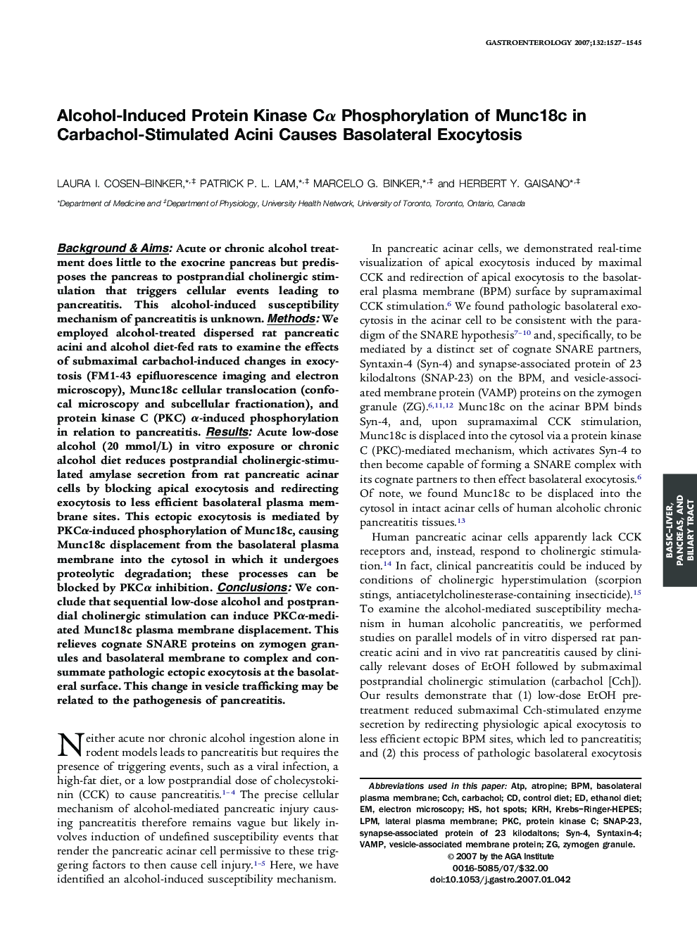 Alcohol-Induced Protein Kinase Cα Phosphorylation of Munc18c in Carbachol-Stimulated Acini Causes Basolateral Exocytosis 