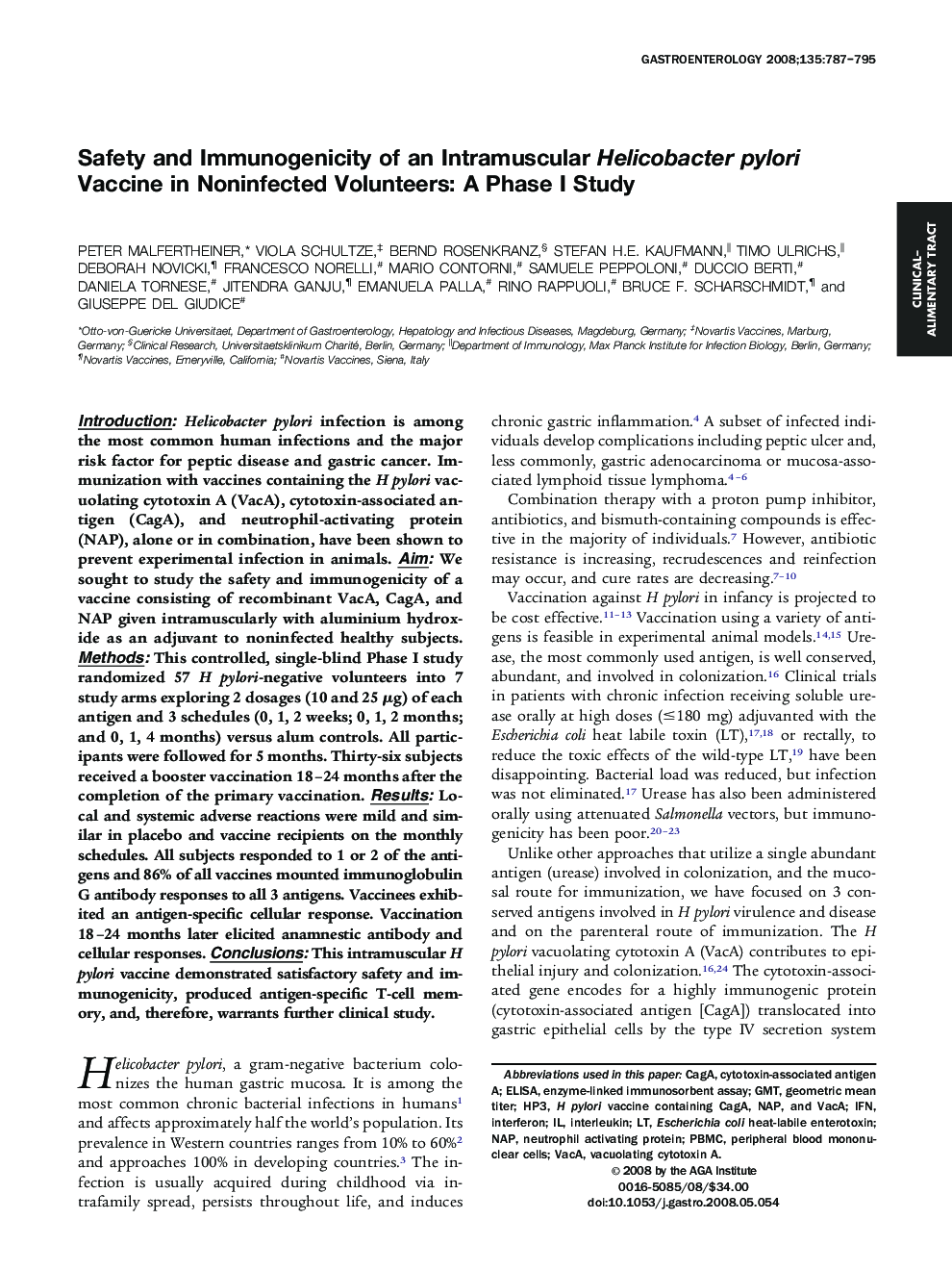 Safety and Immunogenicity of an Intramuscular Helicobacter pylori Vaccine in Noninfected Volunteers: A Phase I Study 