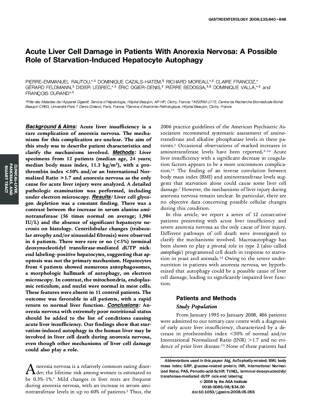 Acute Liver Cell Damage in Patients With Anorexia Nervosa: A Possible Role of Starvation-Induced Hepatocyte Autophagy