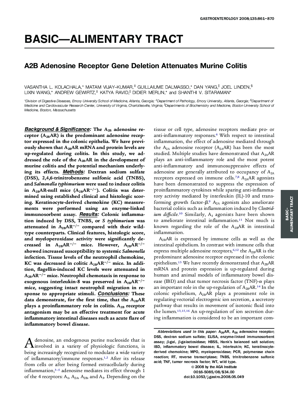 A2B Adenosine Receptor Gene Deletion Attenuates Murine Colitis 