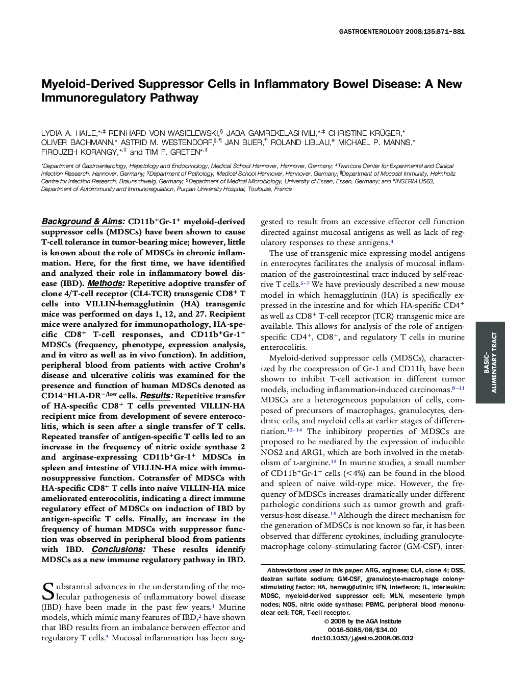 Myeloid-Derived Suppressor Cells in Inflammatory Bowel Disease: A New Immunoregulatory Pathway