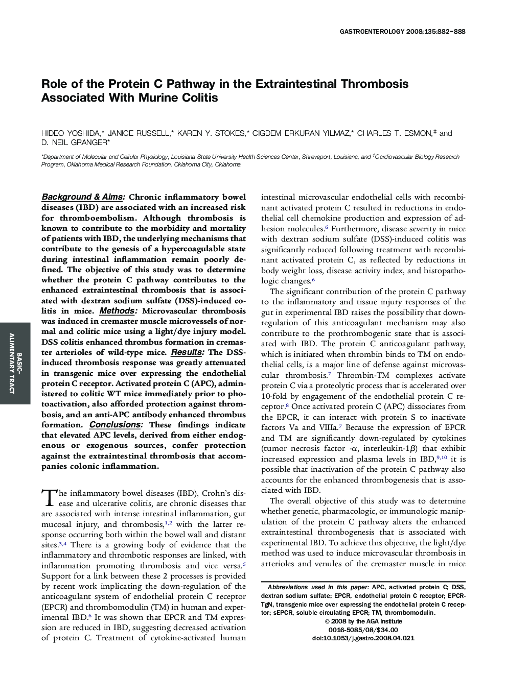 Role of the Protein C Pathway in the Extraintestinal Thrombosis Associated With Murine Colitis