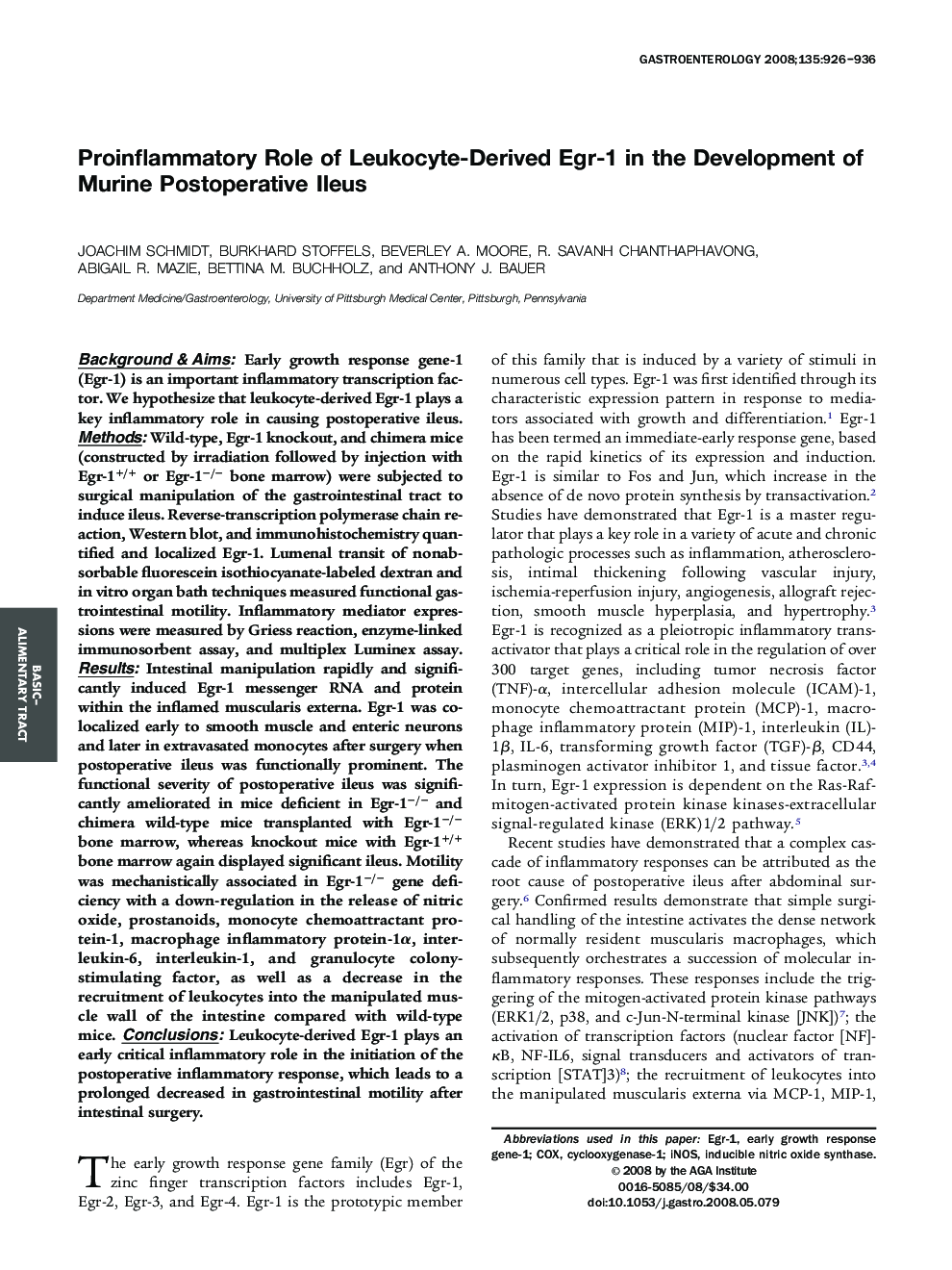 Proinflammatory Role of Leukocyte-Derived Egr-1 in the Development of Murine Postoperative Ileus