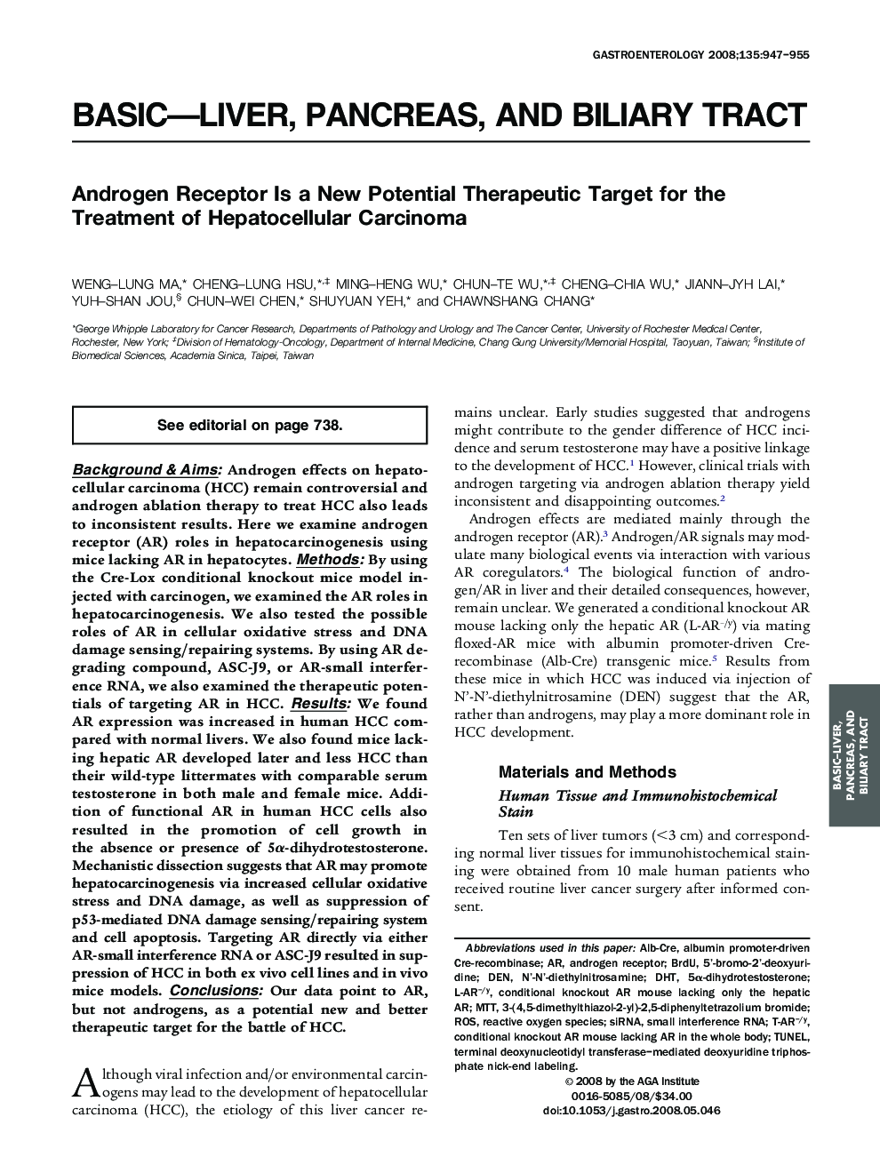 Androgen Receptor Is a New Potential Therapeutic Target for the Treatment of Hepatocellular Carcinoma